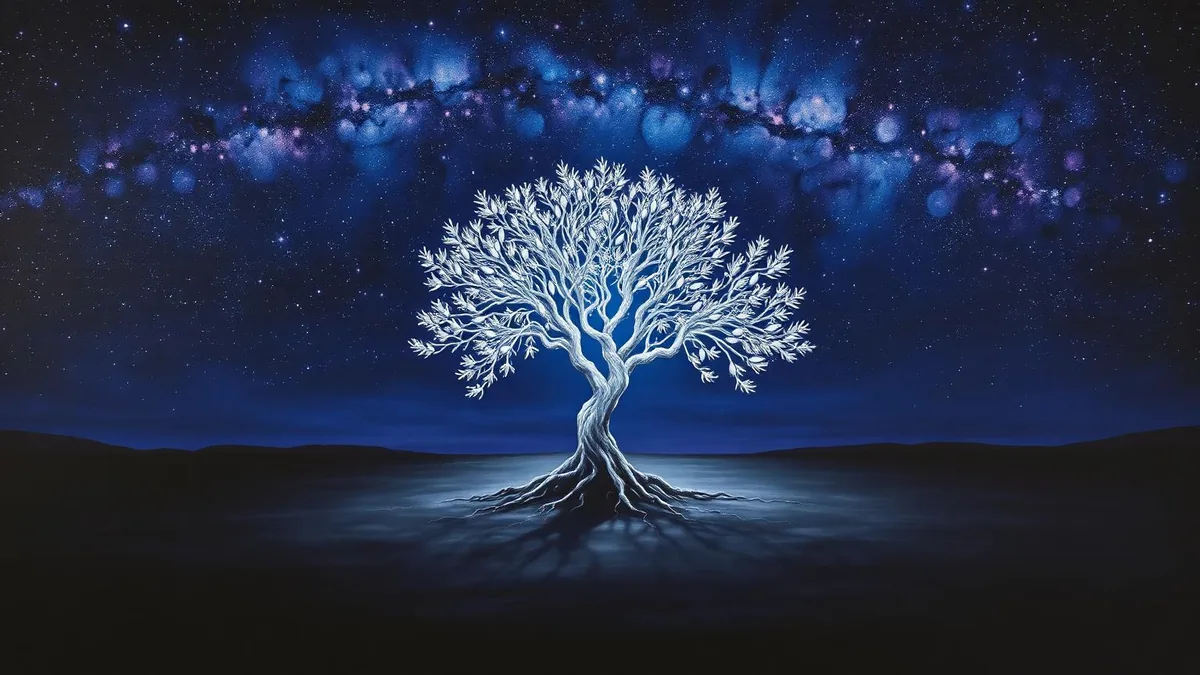 Árbol antiguo de copa luminosa y raíces en tierra terracota con rayos descendiendo, imagen del Árbol de la Vida de la cábala