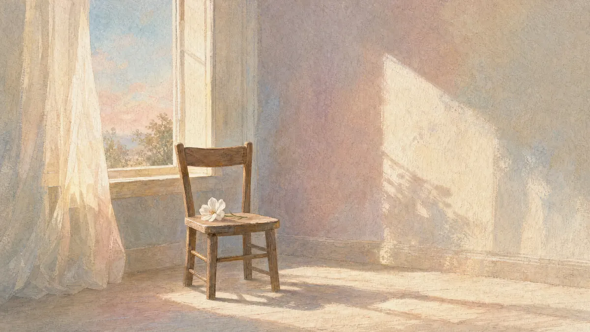 Silla de madera pequeña y vacía junto a una ventana al amanecer con una flor blanca sobre el asiento, imagen del duelo gestacional