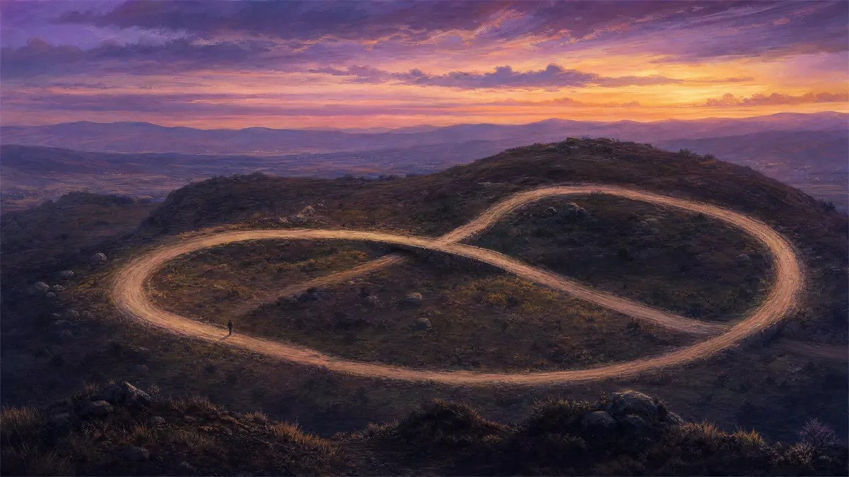 Sendero de tierra que se cierra sobre sí mismo formando un circuito en un paisaje al anochecer, imagen del patrón que se repite en la elección de pareja