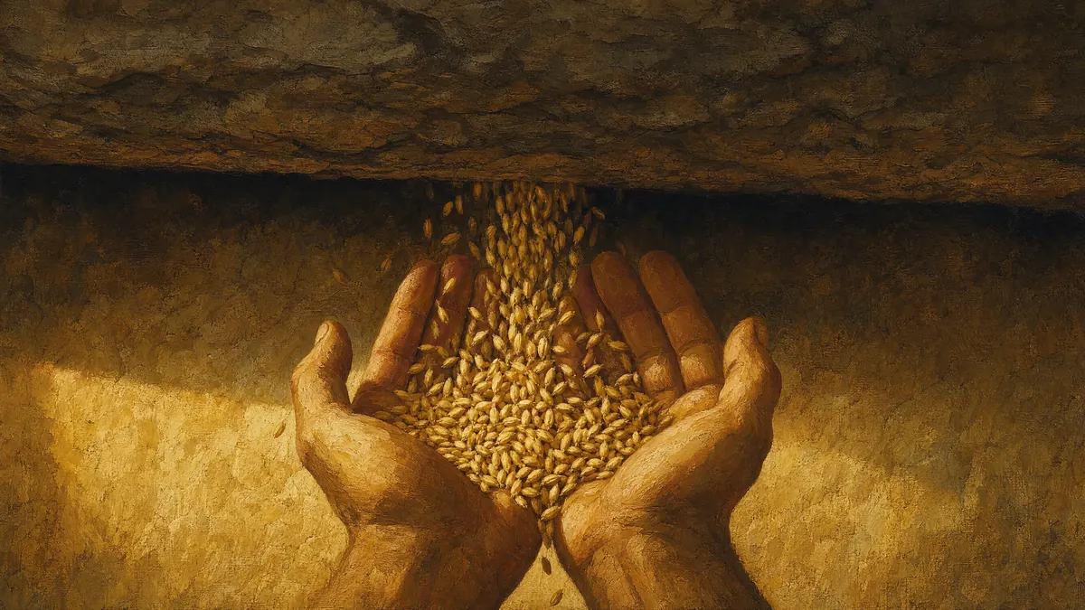 Manos abiertas recibiendo grano dorado bajo un techo de piedra que proyecta sombra, imagen del techo económico heredado