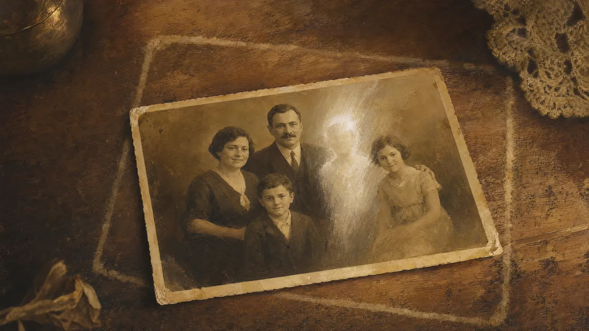 Fotografía familiar antigua sobre una mesa de madera con una de las figuras disuelta en luz, imagen de los secretos de familia