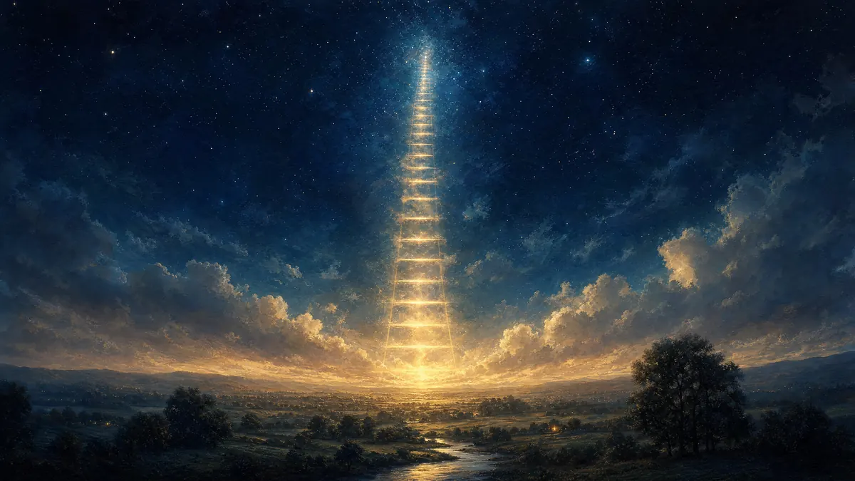 Escalera de luz que asciende desde un paisaje dormido hacia un cielo estrellado, imagen de los sueños según la cábala