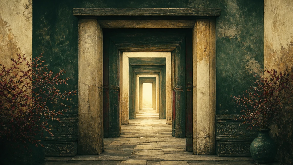 Cinco puertas de piedra en un pasillo con luz al fondo