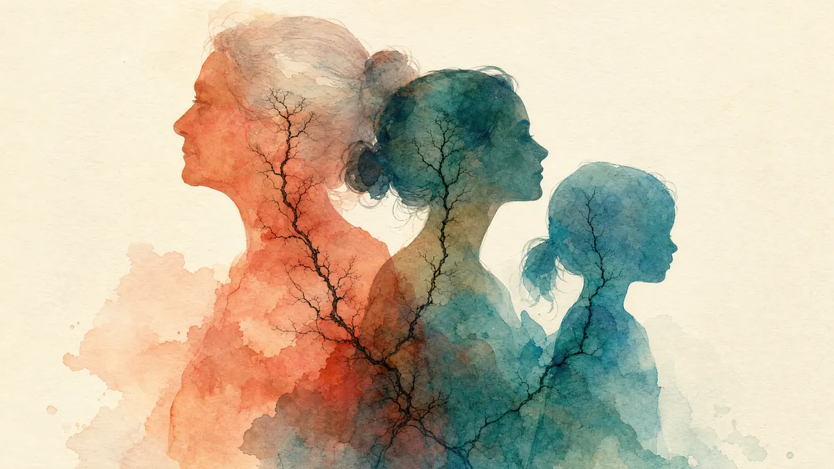 Tres siluetas translúcidas de distintas generaciones superpuestas en acuarela con una misma línea ramificada atravesándolas, imagen de las enfermedades que se repiten en la familia