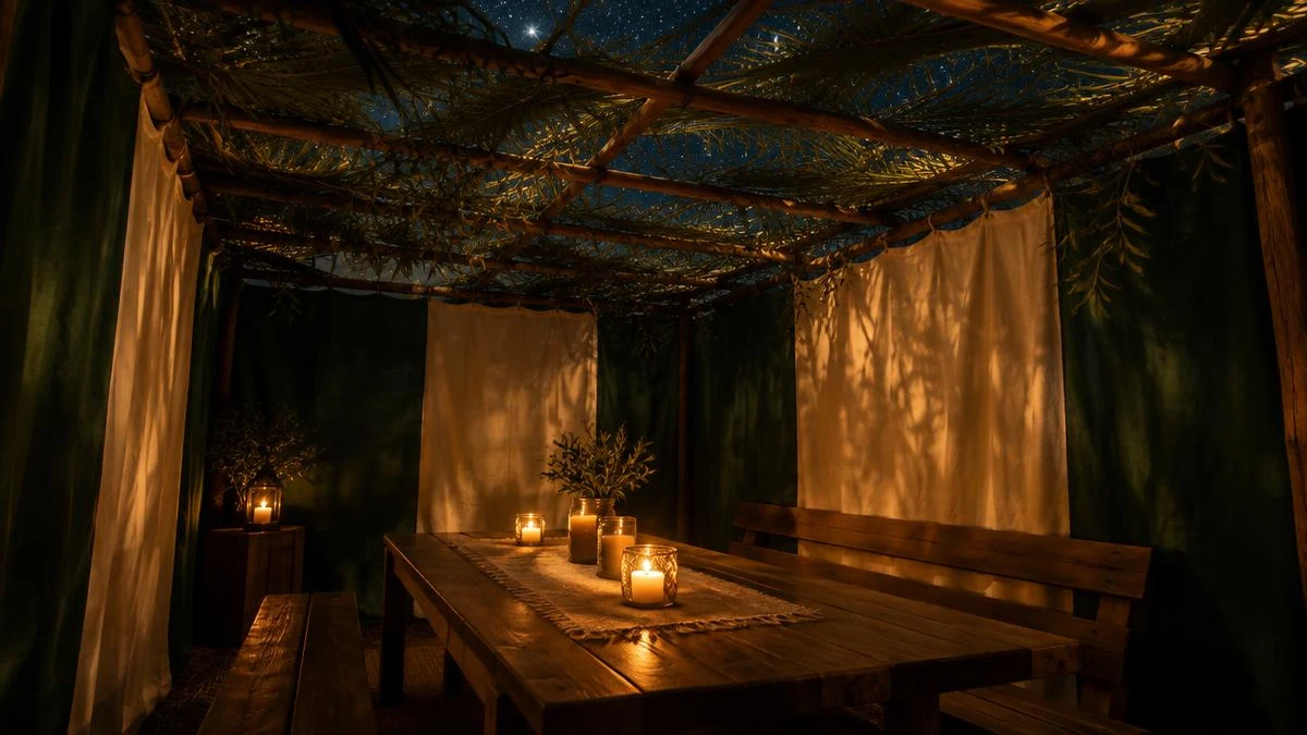 Interior de una sucá de noche, con estrellas visibles entre las ramas del techo