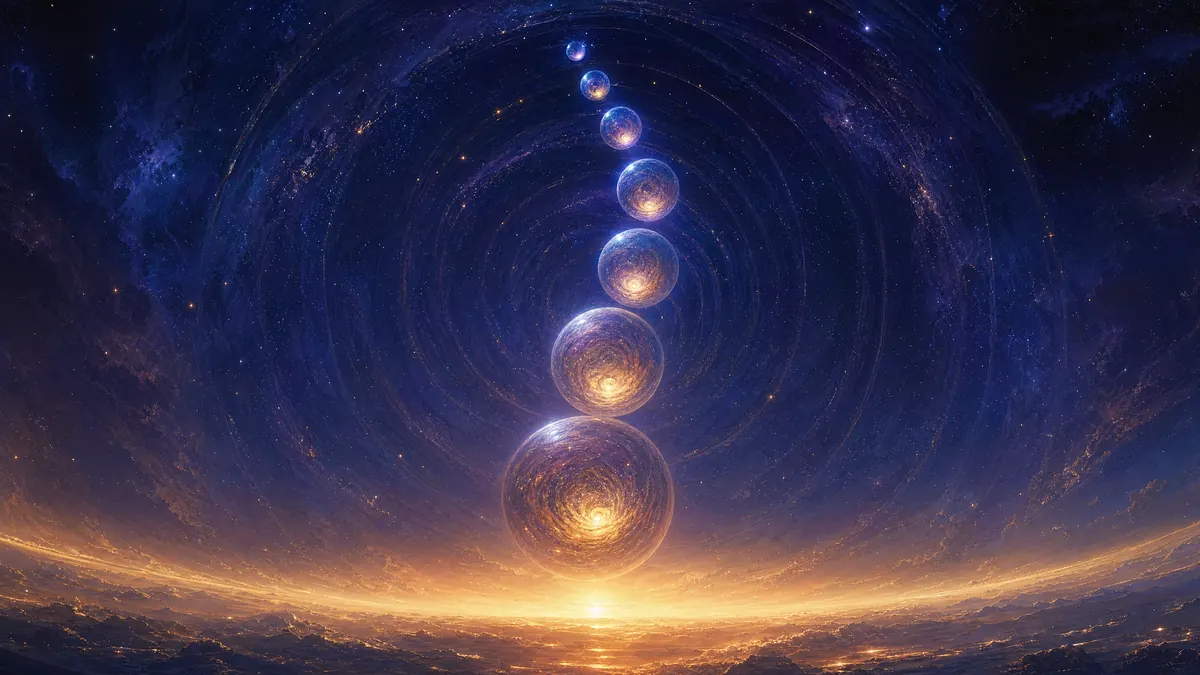 Espiral de esferas luminosas descendiendo por un cielo profundo hacia un horizonte ámbar, imagen del guilgul en la cábala