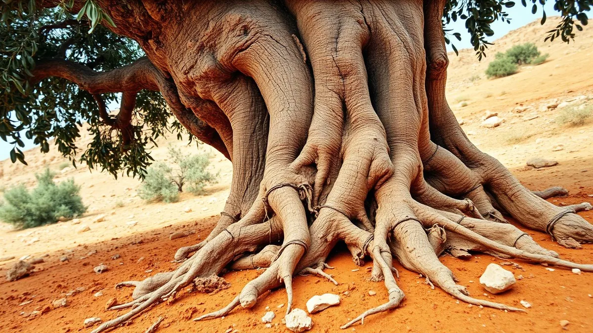 Árbol genealógico vivo cuyas raíces se convierten en siluetas de generaciones anteriores, ilustrando la terapia del árbol generacional