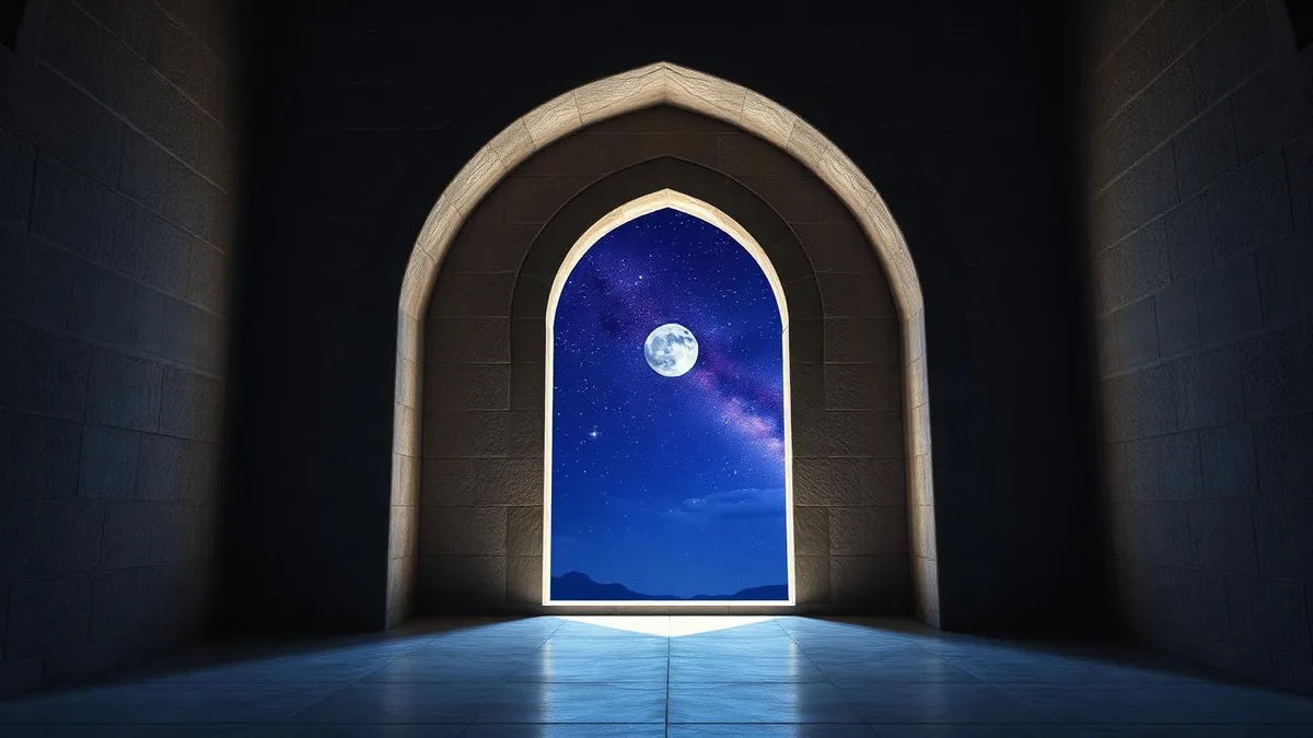 Habitación sencilla al anochecer con una ventana abierta y luz que asciende hacia un cielo estrellado, práctica de cábala antes de dormir