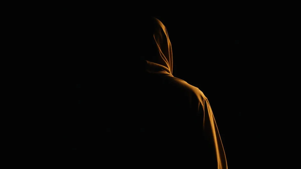 Figura de espaldas con ropa modesta saliendo de una sombra profunda hacia un horizonte al amanecer, símbolo de salir de la vergüenza